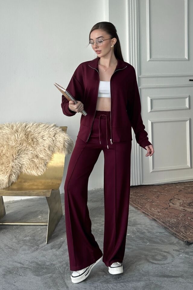 Balenbi Kadın Modal Kumaş Fermuarlı Dik Yaka Takım 1118 Bordo - 2XL