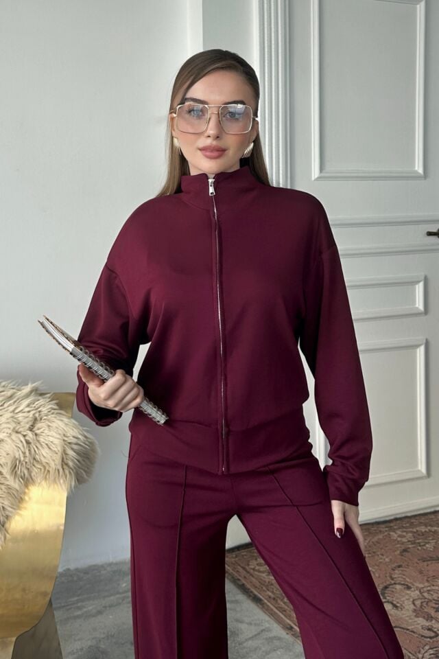 Balenbi Kadın Modal Kumaş Fermuarlı Dik Yaka Takım 1118 2XL - Bordo
