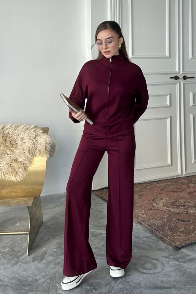Balenbi Kadın Modal Kumaş Fermuarlı Dik Yaka Takım 1118 2XL - Bordo