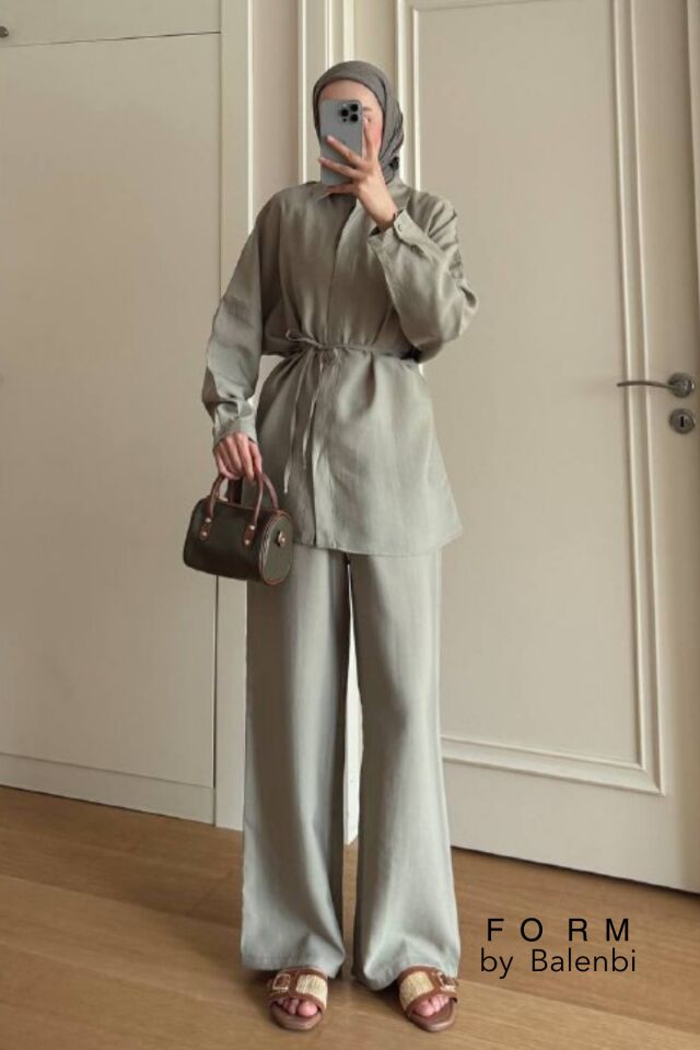 Balenbi Robası Dikiş Detaylı Tesettür Kadın Oversize Tnsel Takım 1174 – Form Serisi S/M - Haki