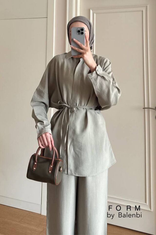Balenbi Robası Dikiş Detaylı Tesettür Kadın Oversize Tnsel Takım 1174 – Form Serisi S/M - Haki