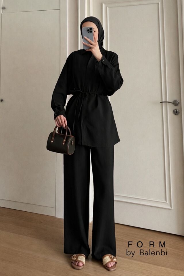 Balenbi Robası Dikiş Detaylı Tesettür Kadın Oversize Tnsel Takım 1174 – Form Serisi S/M - Siyah