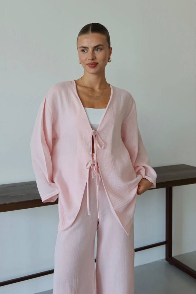 Balenbi Kadın Hafif Transparan Çift Bağlamalı Müslin Kumaş Kimono 1101 XL - Pembe