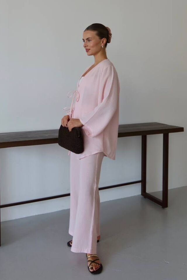 Balenbi Kadın Hafif Transparan Çift Bağlamalı Müslin Kumaş Kimono 1101 XL - Pembe