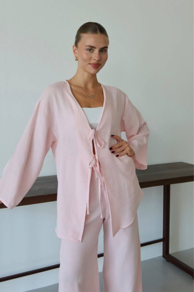 Balenbi Kadın Hafif Transparan Çift Bağlamalı Müslin Kumaş Kimono 1101 XL - Pembe