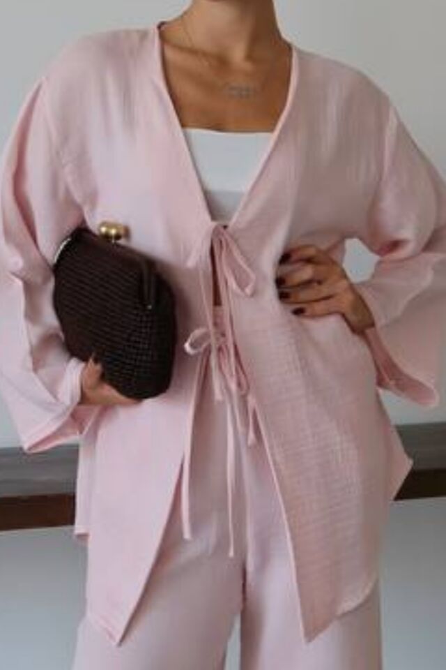 Balenbi Kadın Hafif Transparan Çift Bağlamalı Müslin Kumaş Kimono 1101 XL - Pembe