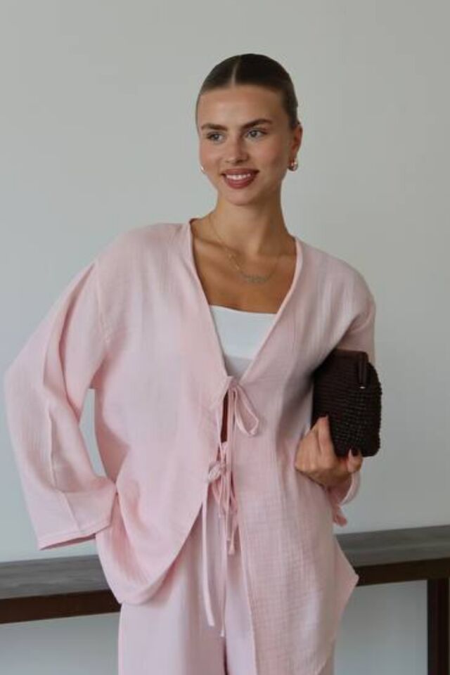Balenbi Kadın Hafif Transparan Çift Bağlamalı Müslin Kumaş Kimono 1101 XL - Pembe