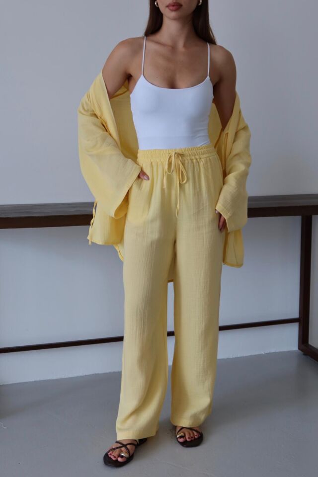 Balenbi Kadın Hafif Transparan Çift Bağlamalı Müslin Kumaş Kimono 1101 XL - Sarı