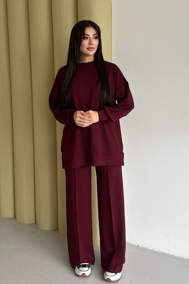 Feela Moda Kadın Modal Penye Oversize Tesettür Tunik Takım 2020 2XL - Bordo