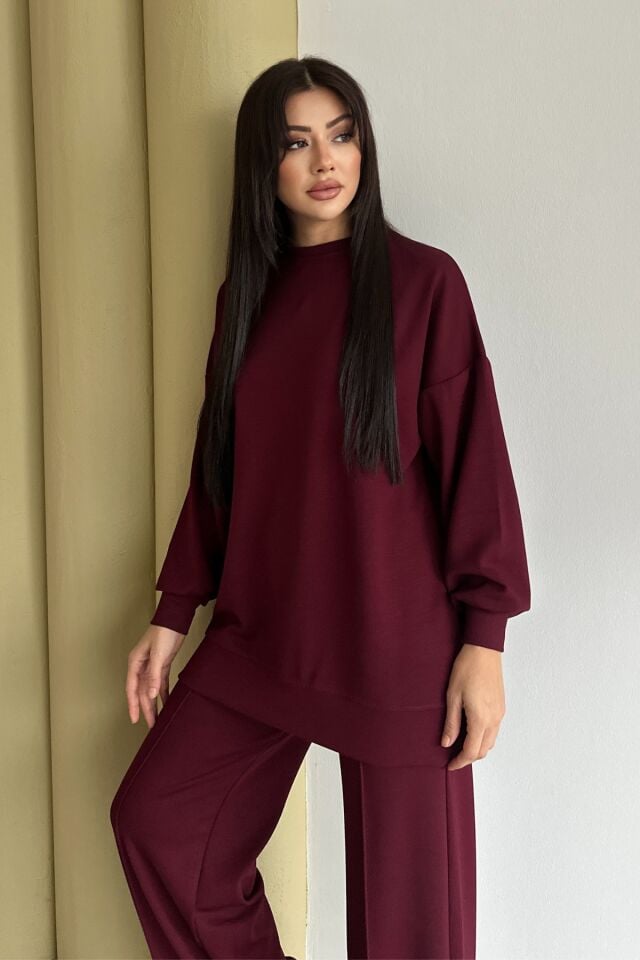 Feela Moda Kadın Modal Penye Oversize Tesettür Tunik Takım 2020 2XL - Bordo