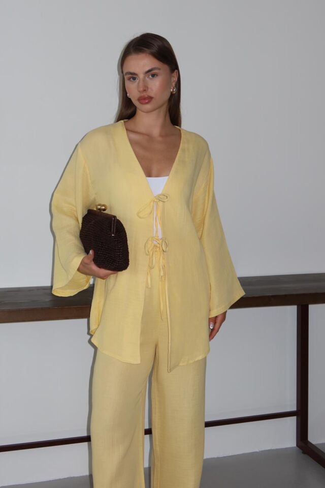 Balenbi Kadın Hafif Transparan Çift Bağlamalı Müslin Kumaş Kimono 1101 XL - Sarı