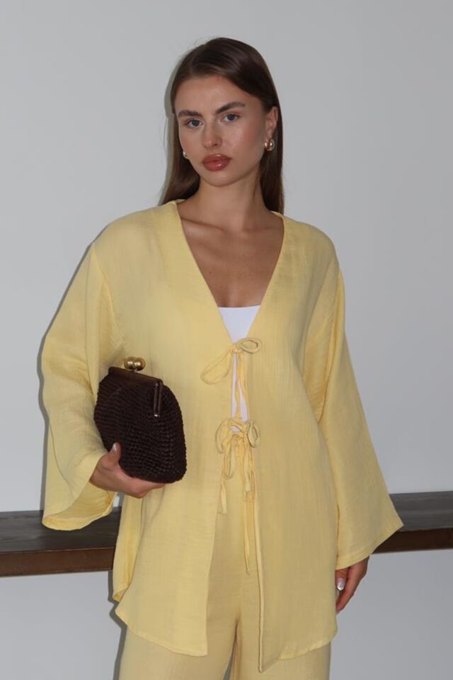 Balenbi Kadın Hafif Transparan Çift Bağlamalı Müslin Kumaş Kimono 1101 XL - Sarı