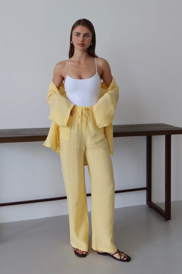 Balenbi Kadın Hafif Transparan Çift Bağlamalı Müslin Kumaş Kimono 1101 XL - Sarı