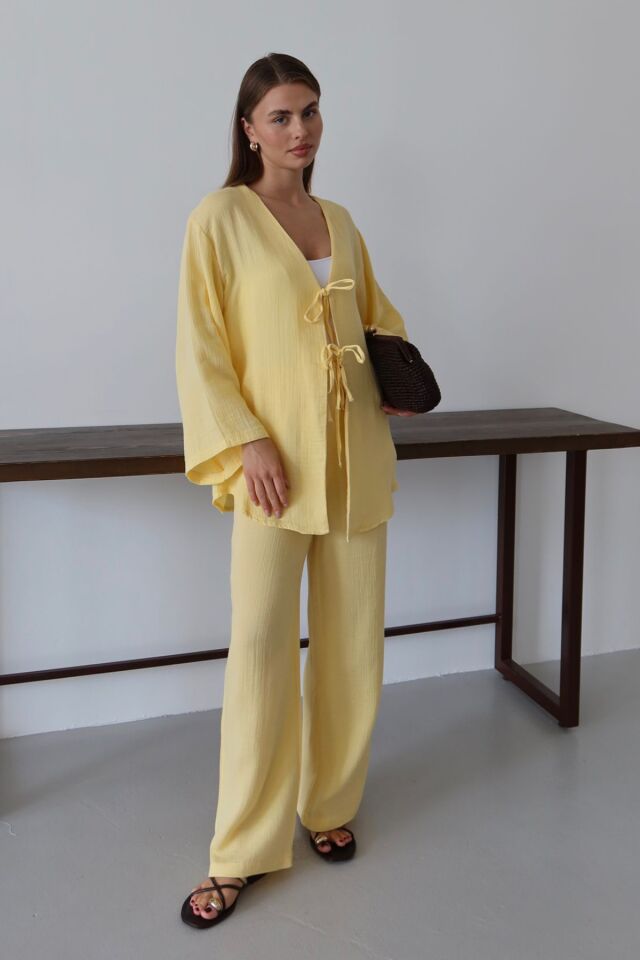 Balenbi Kadın Hafif Transparan Çift Bağlamalı Müslin Kumaş Kimono 1101 XL - Sarı