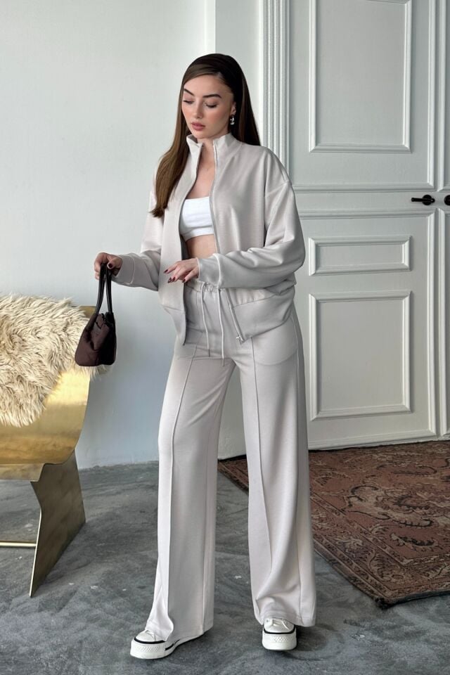 Balenbi Kadın Modal Kumaş Fermuarlı Dik Yaka Takım 1118 2XL - Bej