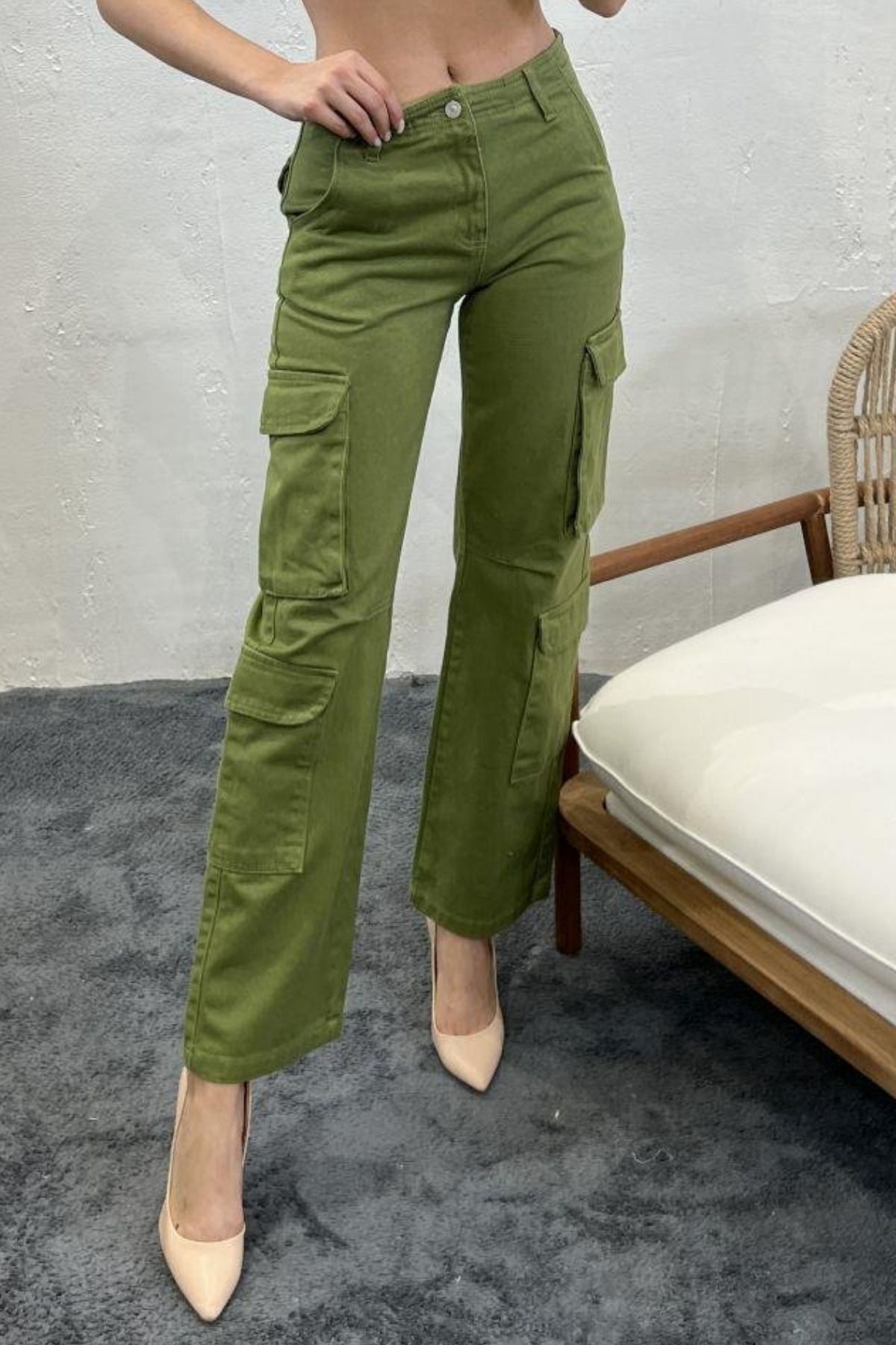 Balenbi 1084 Camel Kargo Cep Gabardin Kadın Pantolon 28 - Yeşil