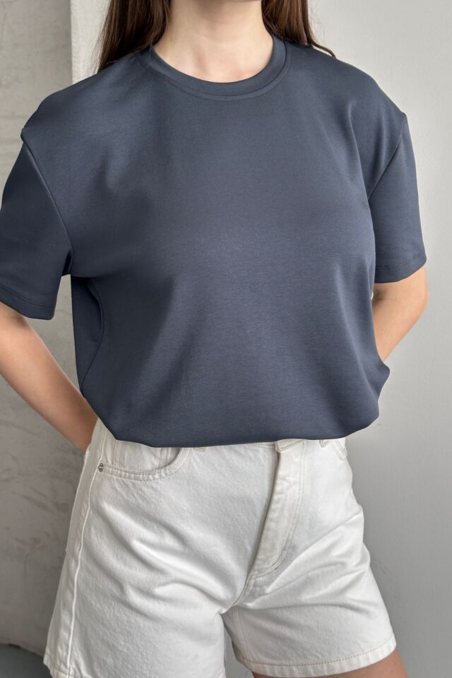 Balenbi Kadın Modal Bisiklet Yaka Basic Yarım Kollu T-Shirt 1211 Füme - XL