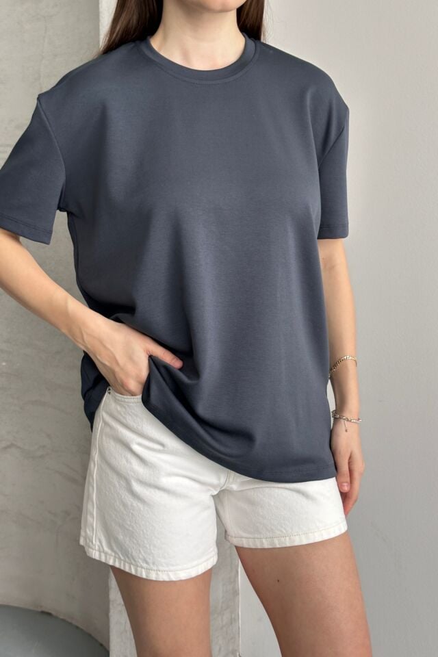 Balenbi Kadın Modal Bisiklet Yaka Basic Yarım Kollu T-Shirt 1211 Füme - XL