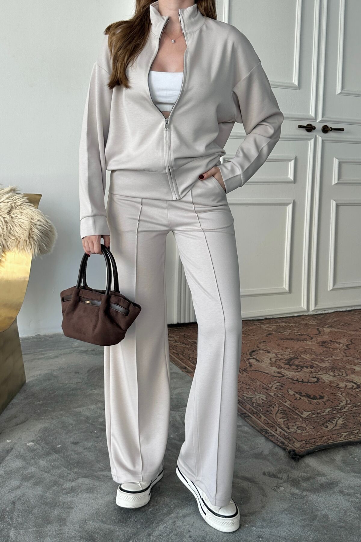 Balenbi Kadın Modal Kumaş Fermuarlı Dik Yaka Takım 1118 M - Bej