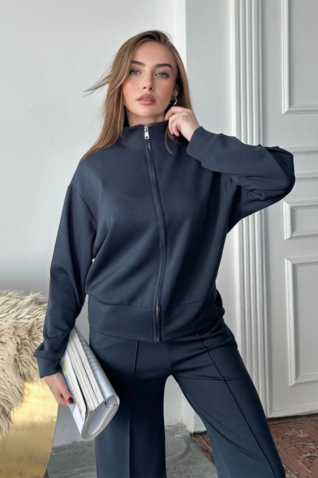 Balenbi Kadın Modal Kumaş Fermuarlı Dik Yaka Takım 1118 Antrasit - 2XL