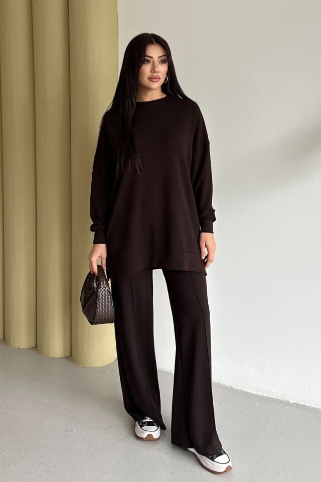 Feela Moda Kadın Modal Penye Oversize Tesettür Tunik Takım 2020 2XL - Kahverengi