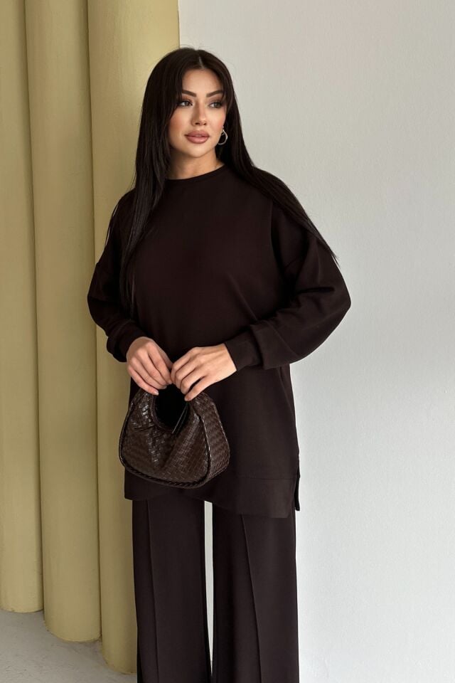 Feela Moda Kadın Modal Penye Oversize Tesettür Tunik Takım 2020 2XL - Kahverengi