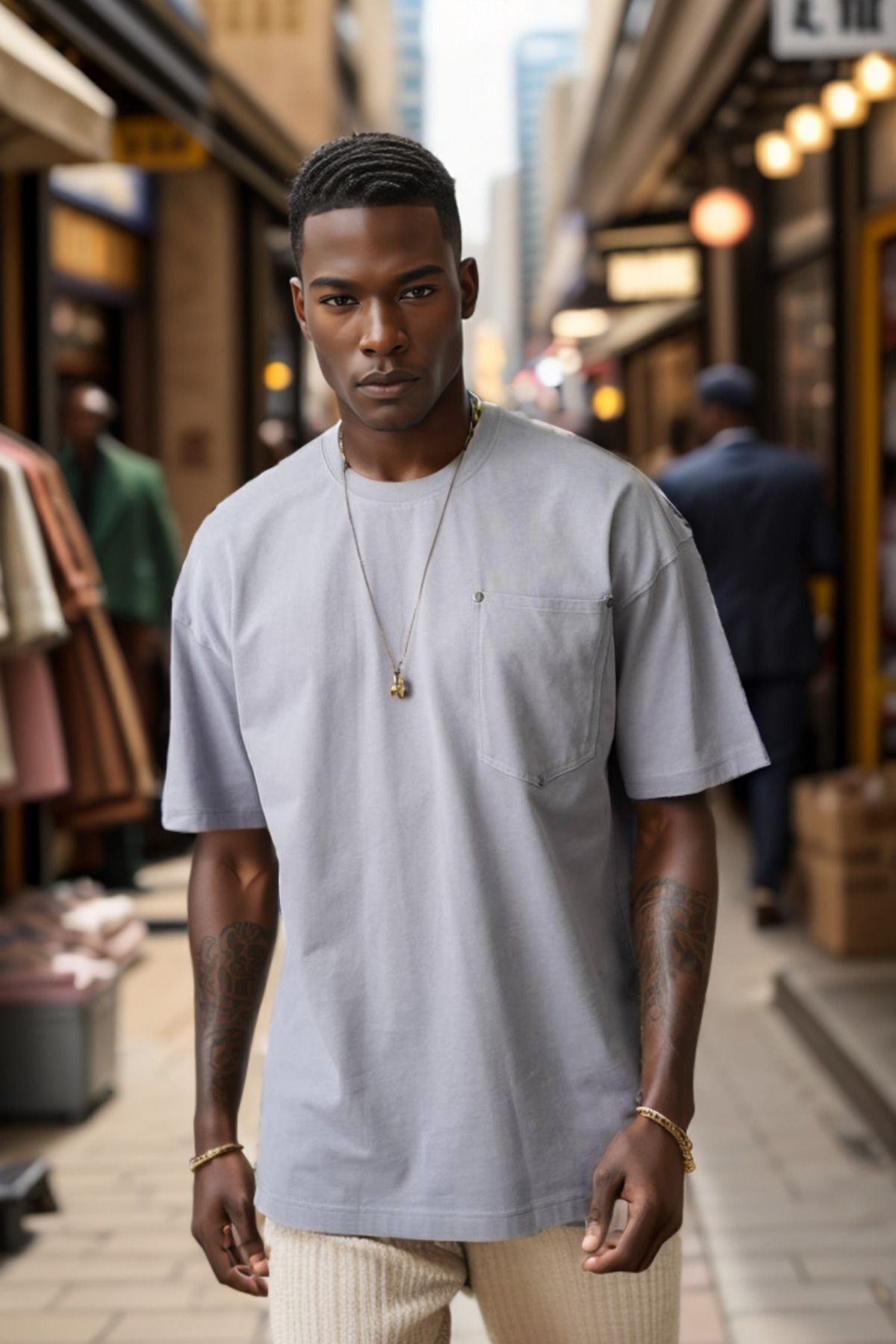 Balenbi Erkek Bisiklet Yaka Cepli Oversize Kalıp Penye Tişört 1007 S - Gri