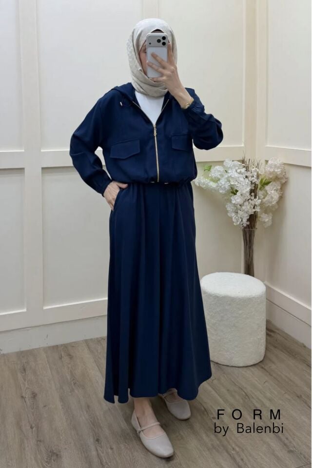 Balenbi Kapüşonlu Cep Detaylı Tesettür Kadın Dokuma Etekli Takım 1176 – Form Serisi