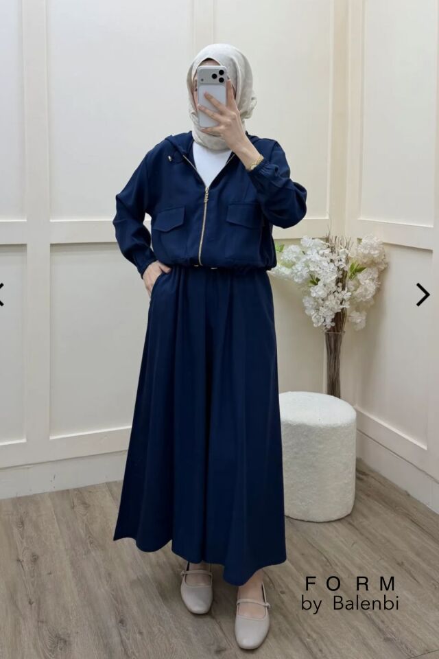 Balenbi Kapüşonlu Cep Detaylı Tesettür Kadın Dokuma Etekli Takım 1176 – Form Serisi