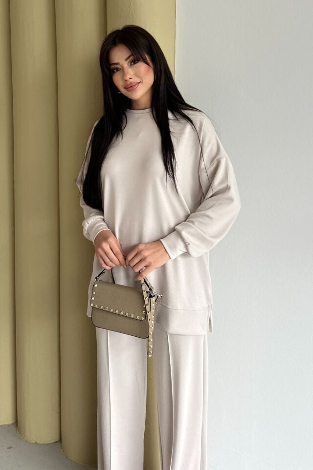 Feela Moda Kadın Modal Penye Oversize Tesettür Tunik Takım 2020 2XL - Taş