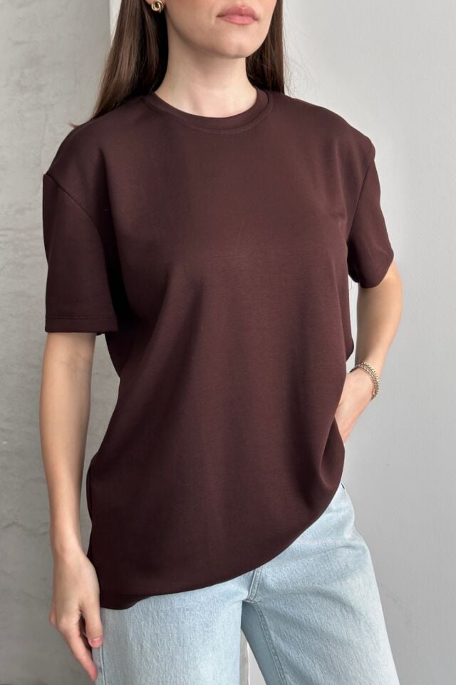 Balenbi Kadın Modal Bisiklet Yaka Basic Yarım Kollu T-Shirt 1211 Kahverengi - XL