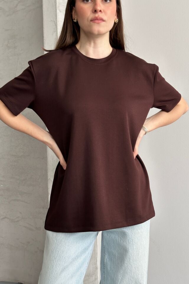 Balenbi Kadın Modal Bisiklet Yaka Basic Yarım Kollu T-Shirt 1211 Kahverengi - XL