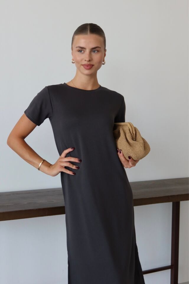 Balenbi Kadın Modal Kumaş Yarım Kol Yırtmaçlı Diz Altı Elbise 1100 Antrasit - S