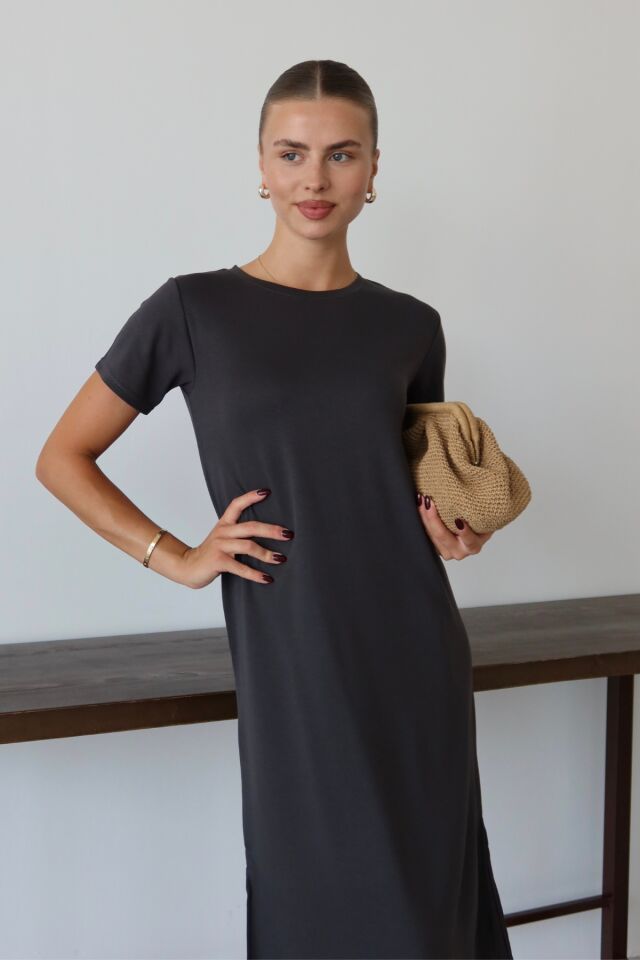 Balenbi Kadın Modal Kumaş Yarım Kol Yırtmaçlı Diz Altı Elbise 1100 S - Antrasit