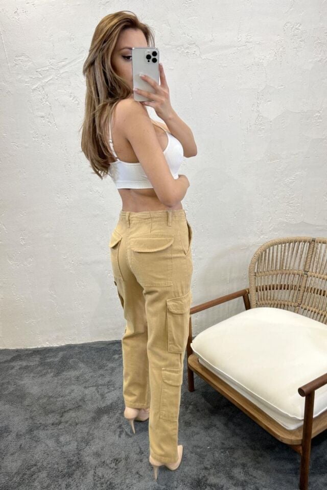 Balenbi 1084 Camel Kargo Cep Gabardin Kadın Pantolon 29 - Camel