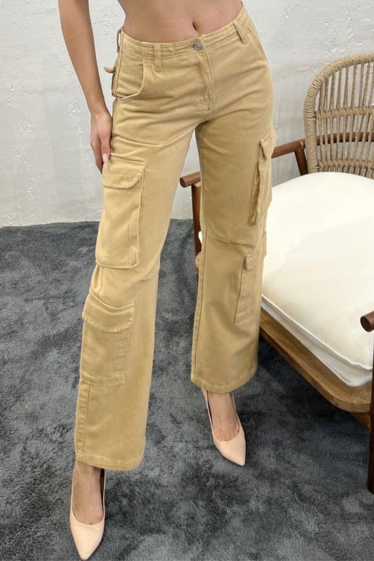 Balenbi 1084 Camel Kargo Cep Gabardin Kadın Pantolon 29 - Camel