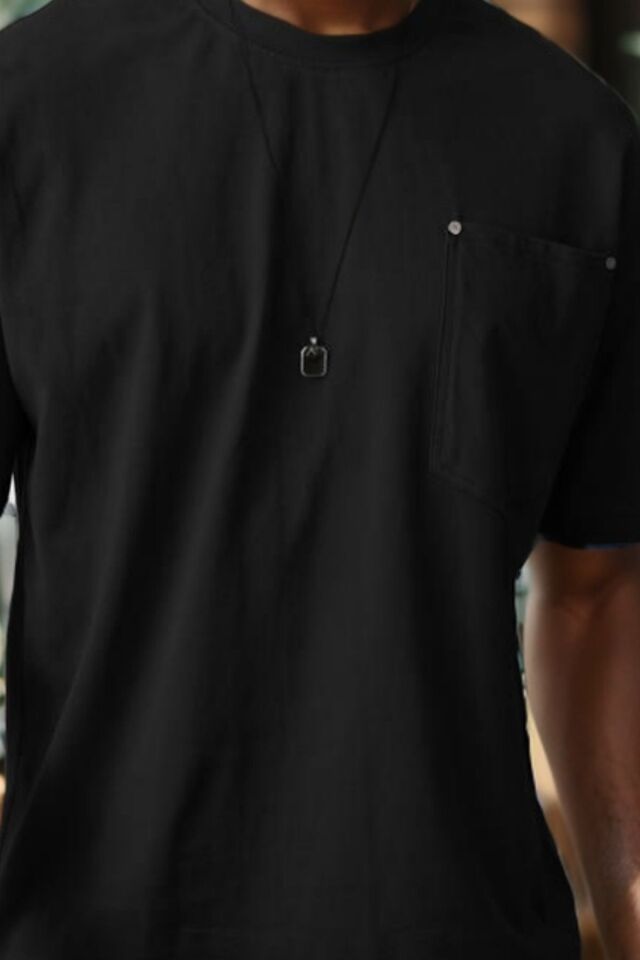 Balenbi Erkek Bisiklet Yaka Cepli Oversize Kalıp Penye Tişört 1007 S - Siyah