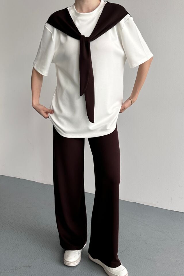 Balenbi Kadın Modal Kumaş Kısa Kollu Fularlı Eşofman Takımı 1208 Kahverengi - M