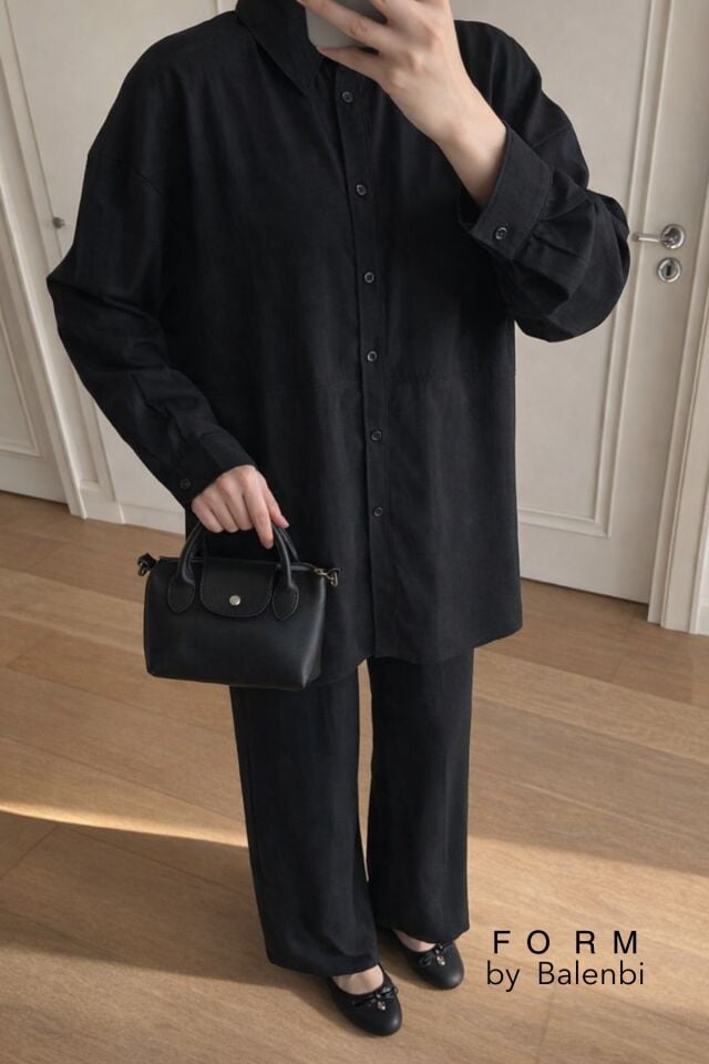 Balenbi Robası Nakış Detaylı Tesettür Kadın Tnsel Oversize Takım 1170 – Form Serisi Siyah - S/M