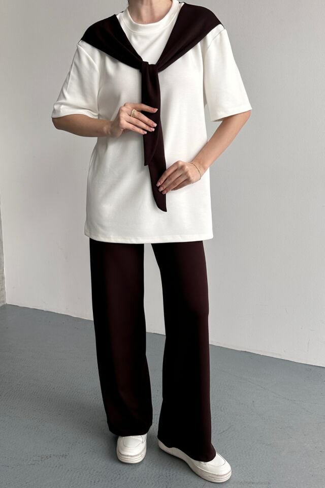 Balenbi Kadın Modal Kumaş Kısa Kollu Fularlı Eşofman Takımı 1208 Kahverengi - M