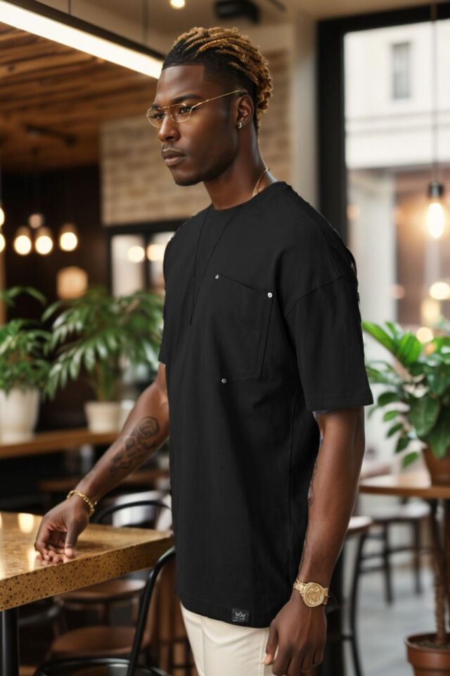 Balenbi Erkek Bisiklet Yaka Cepli Oversize Kalıp Penye Tişört 1007 XL - Siyah