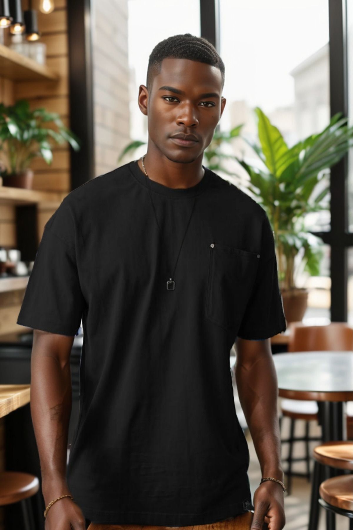 Balenbi Erkek Bisiklet Yaka Cepli Oversize Kalıp Penye Tişört 1007 XL - Siyah