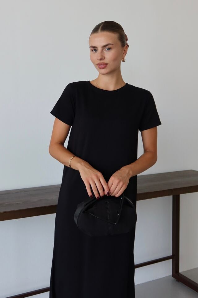 Balenbi Kadın Modal Kumaş Yarım Kol Yırtmaçlı Diz Altı Elbise 1100 Siyah - S