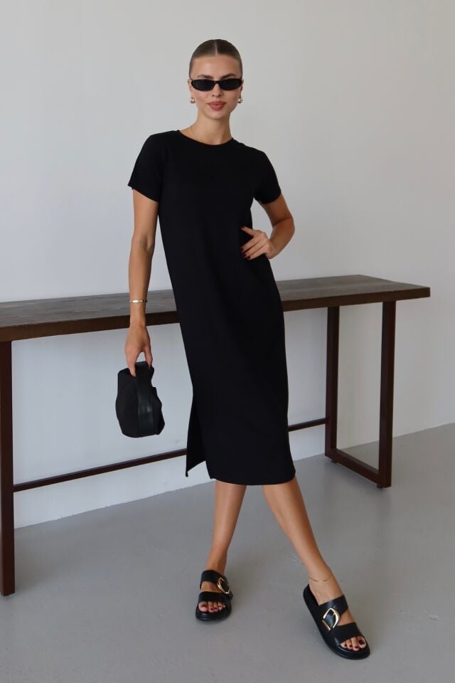 Balenbi Kadın Modal Kumaş Yarım Kol Yırtmaçlı Diz Altı Elbise 1100 Siyah - S