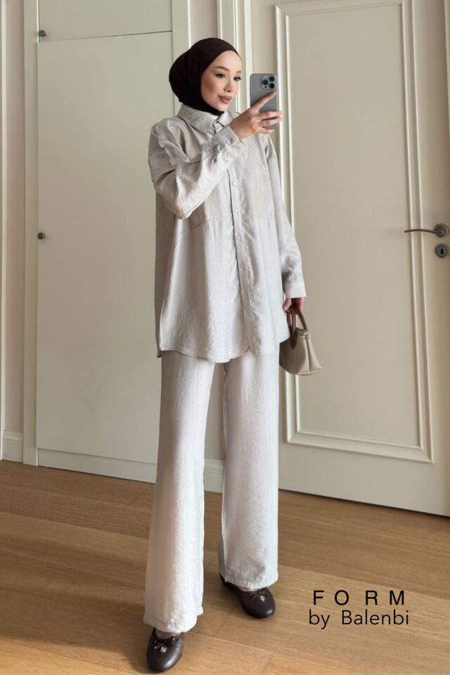 Balenbi Robası Nakış Detaylı Tesettür Kadın Tnsel Oversize Takım 1170 – Form Serisi Taş - S/M