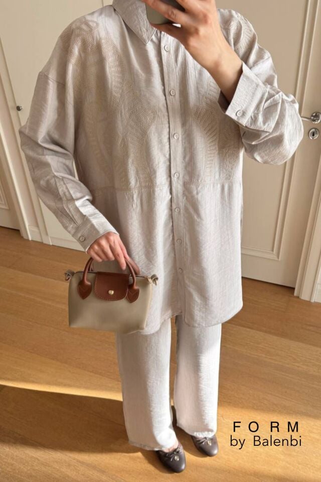 Balenbi Robası Nakış Detaylı Tesettür Kadın Tnsel Oversize Takım 1170 – Form Serisi Taş - S/M