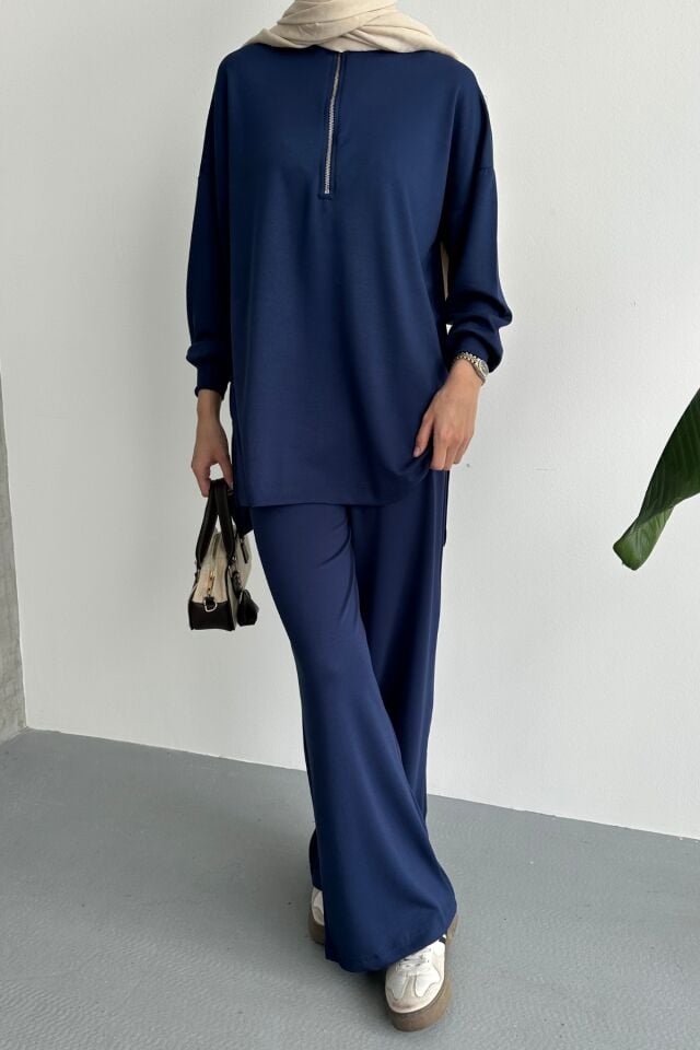 Balenbi Kadın Modal Penye Oversize Metal Fermuar Tesettür Tunik Takım 1117