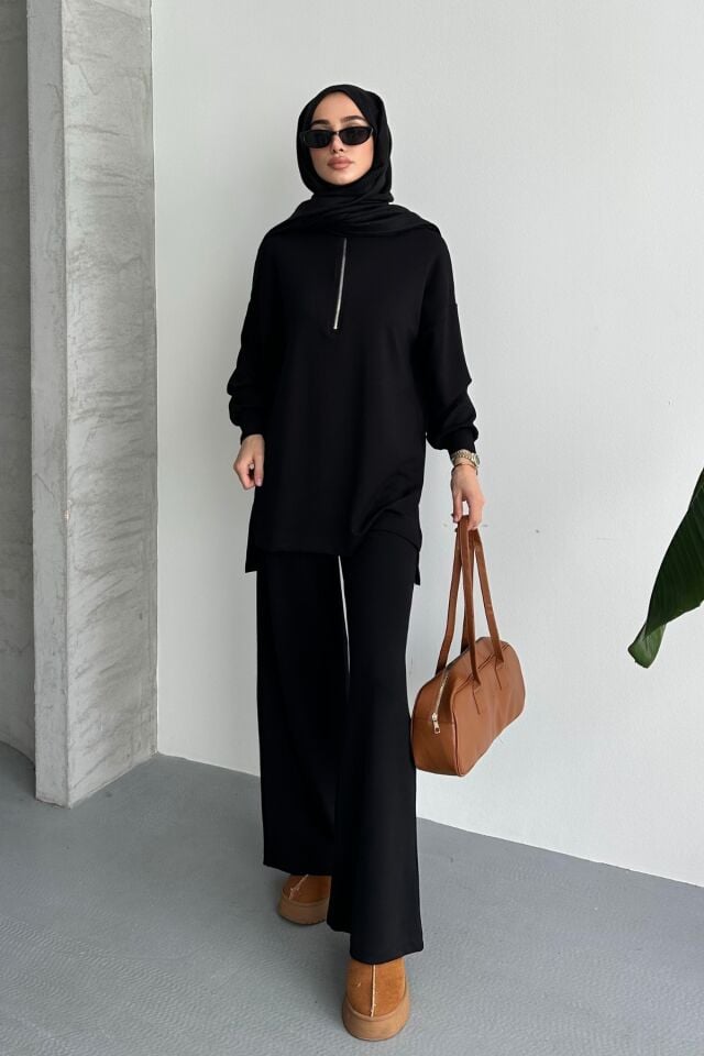 Balenbi Kadın Modal Penye Oversize Metal Fermuar Tesettür Tunik Takım 1117