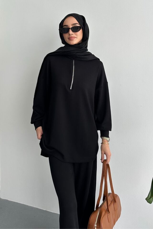 Balenbi Kadın Modal Penye Oversize Metal Fermuar Tesettür Tunik Takım 1117