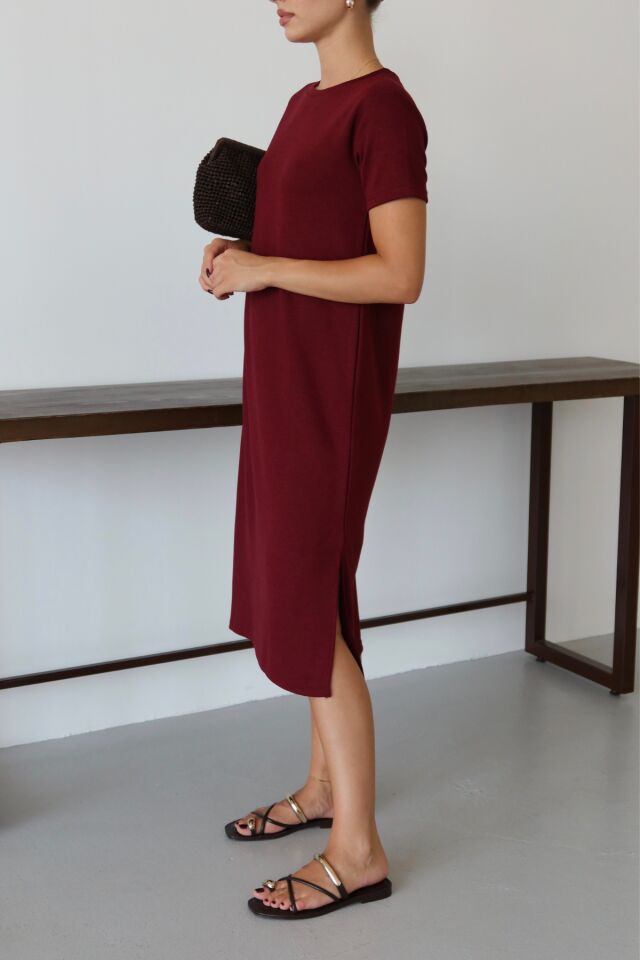 Balenbi Kadın Modal Kumaş Yarım Kol Yırtmaçlı Diz Altı Elbise 1100 XL - Bordo